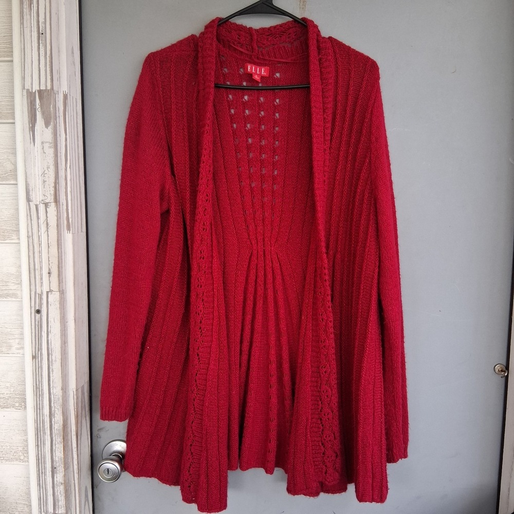 Ladies Long Draped Knit Red Cardigan XL Cinched Waist